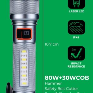 MZ M987 Car Emergency Light - Silver | with 3 Different Modes, Hammer and Seatbelt Cutter | Zoomable Torch Emergency Car Escape Tool | Window Breaker